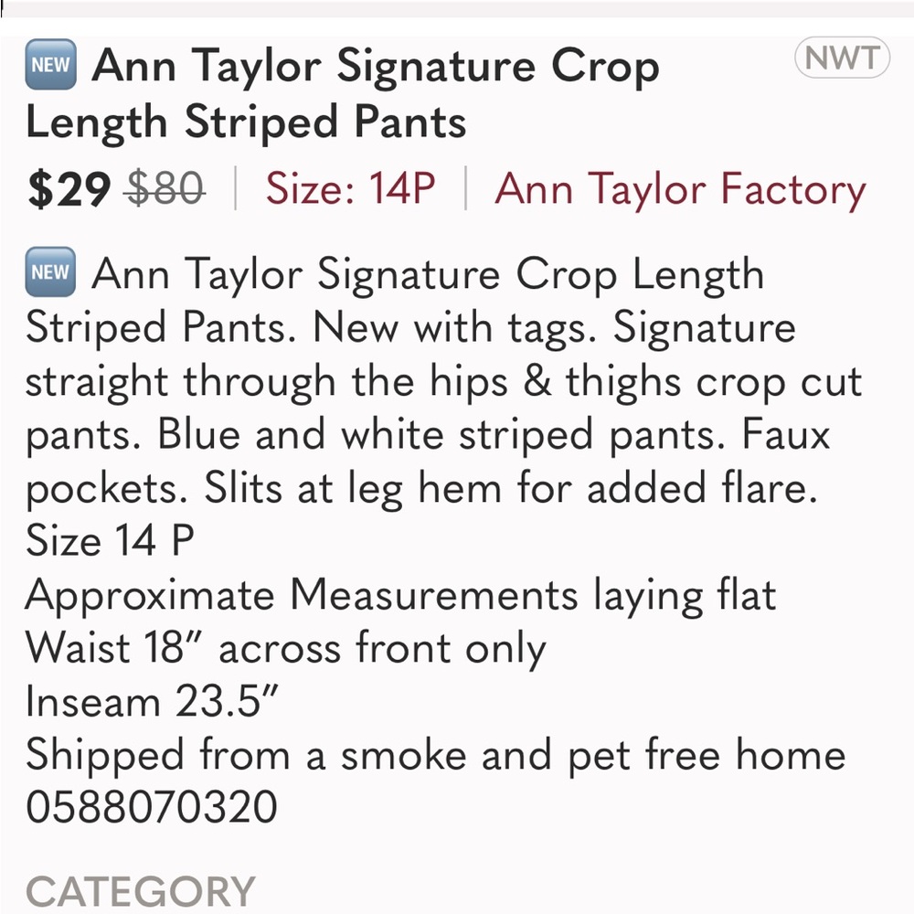 🆕 Ann Taylor Signature Crop Length Striped Pants - Picture 15 of 15